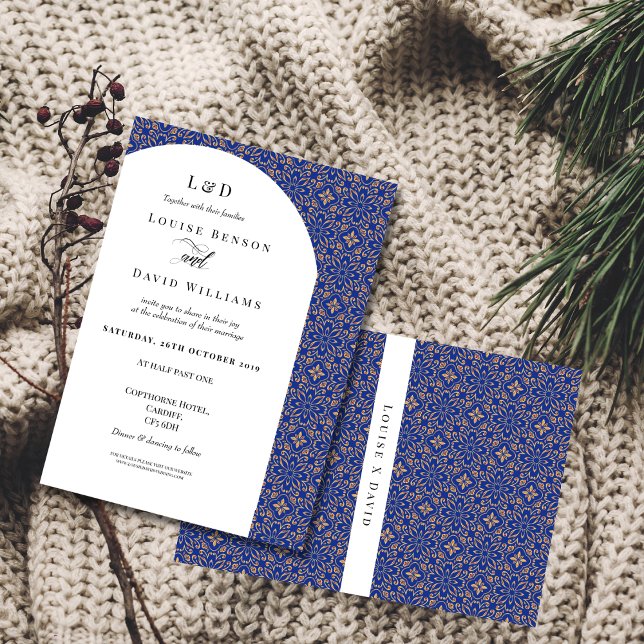 Convite para Casamento Floral Azul e Dourado Elega (Criador carregado)