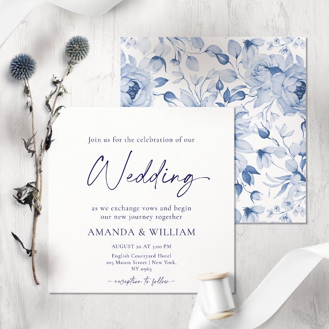 Convite para Casamento Floral Azul Elegante (Criador carregado)
