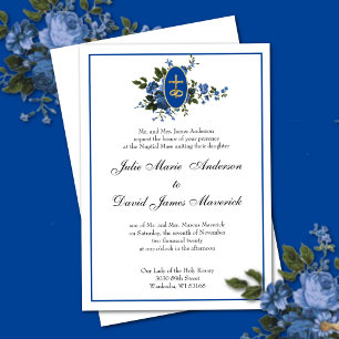 Convite para Casamento Floral Azul Elegante Católi