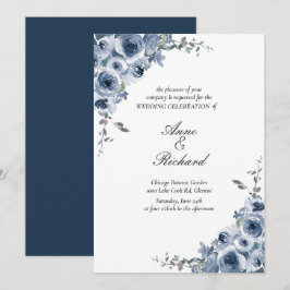 Convite para Casamento Floral Azul Elegante Dusty