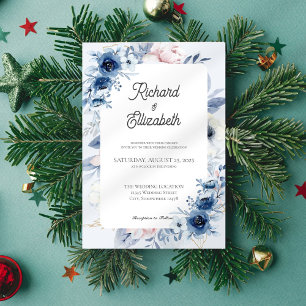 Convite para Casamento Floral Azul Elegante Dusty