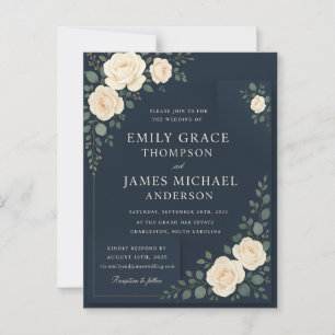 Convite para Casamento Floral Azul-Marinho Elegant