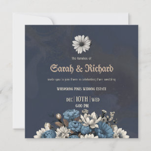 Convite para Casamento Floral Azul-Marinho Elegant