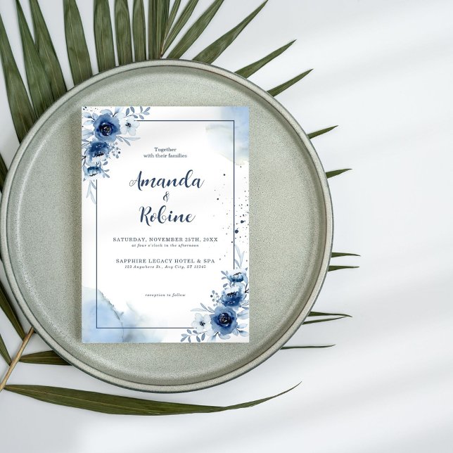 Convite para Casamento Floral Azul-Marinho Elegant (Criador carregado)