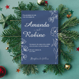 Convite para Casamento Floral Azul Moderno