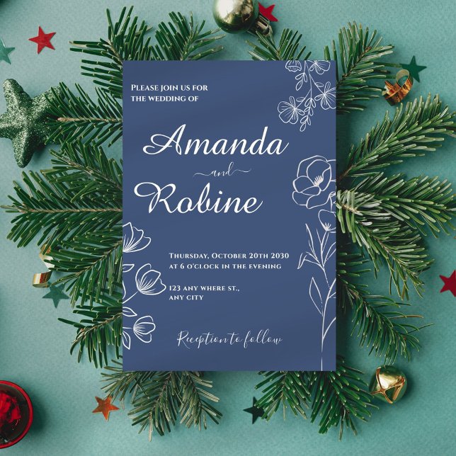 Convite para Casamento Floral Azul Moderno (Criador carregado)