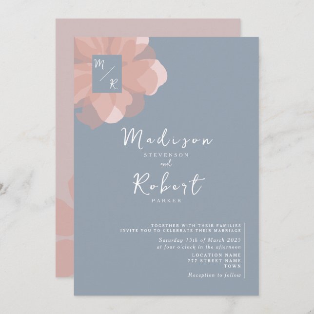 Convite para Casamento Floral Azul Pintado Pastel (Frente/Verso)