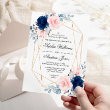 Convite para Casamento Floral Azul-Rosa e Marinho 