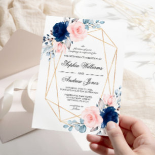 Convite para Casamento Floral Azul-Rosa e Marinho