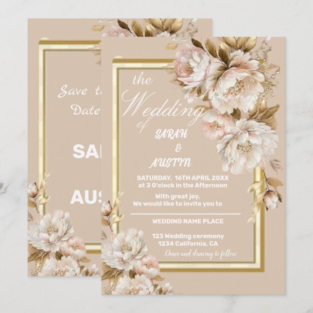 Convite para Casamento Floral Beige e Pink Waterco (Frente/Verso)