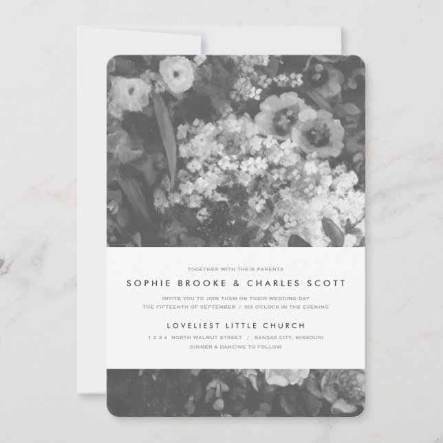 Convite para Casamento Floral Branco e Preto Elega (Frente)