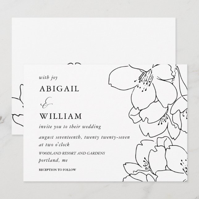 Convite para Casamento Floral Branco e Preto Moder (Frente/Verso)