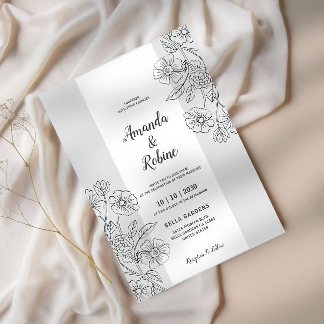 Convite para Casamento Floral Branco e Preto Moder (Criador carregado)