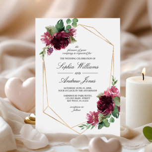 Convite para Casamento Floral Burgundy Rosa Bohemi