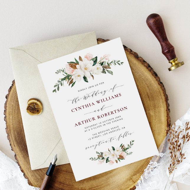 convite para casamento floral da burgundy magnolia (Criador carregado)