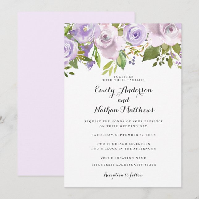 Convite Para Casamento Floral De Aquarela Roxa Lil (Frente/Verso)