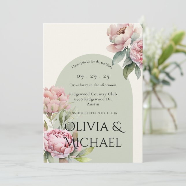 Convite para Casamento Floral de Blush Rosa Elegan (Em pé/Frente)