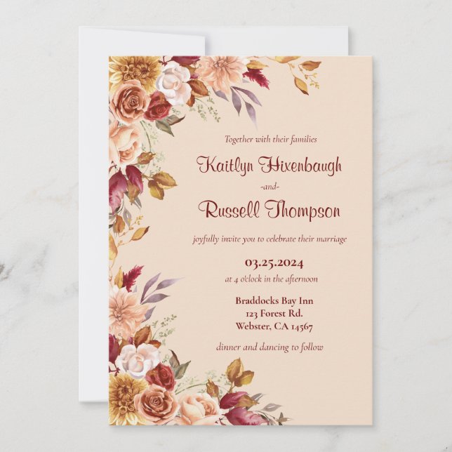 Convite para Casamento Floral de Borgonha e Queda  (Frente)