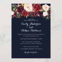 Convite para Casamento Floral de Burgundy, Marinho