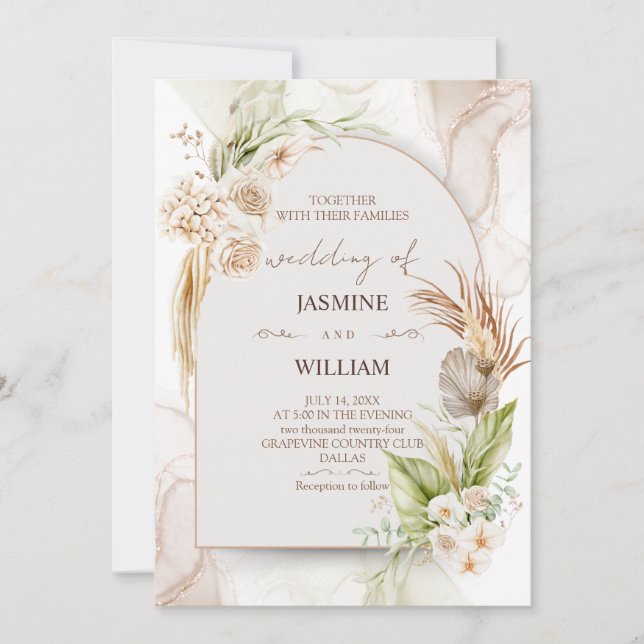 Convite Para Casamento Floral De Castanho E Creme (Frente)