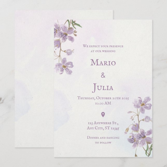 Convite Para Casamento Floral De Cor D'Água Púrpur (Frente/Verso)