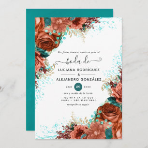 Convite para Casamento Floral de Coral e Teal, Esp