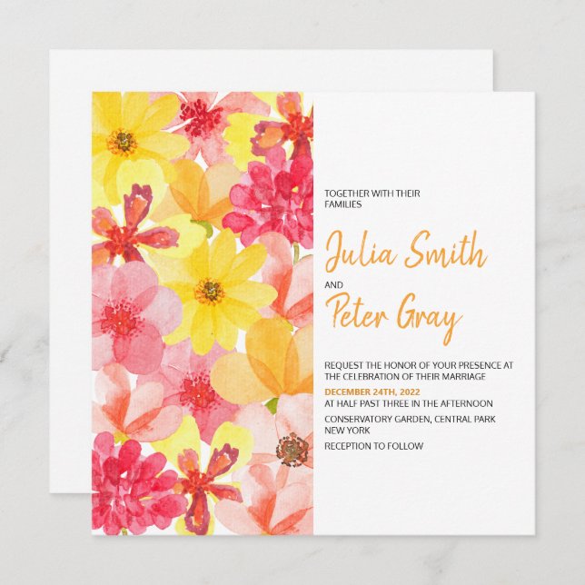 Convite Para Casamento Floral De Cores Aquáticas M (Frente/Verso)