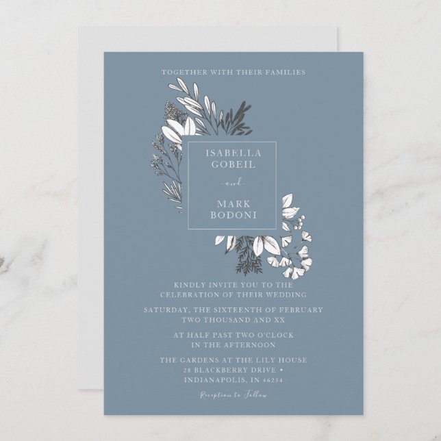 Convite para Casamento Floral de Dusty Blue (Frente/Verso)