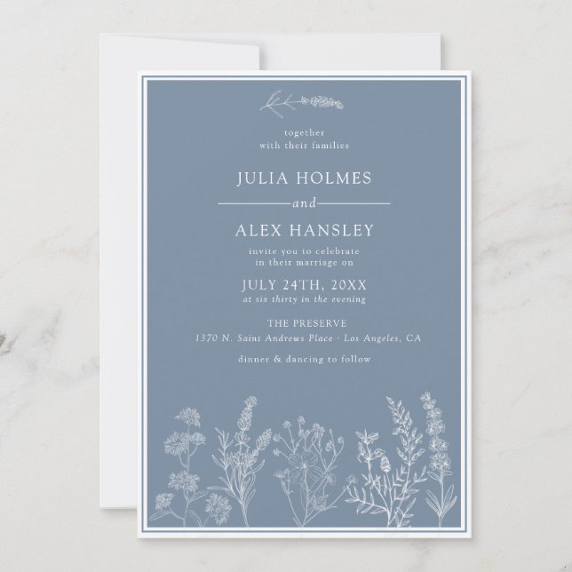 Convite para Casamento Floral de Dusty Blue (Frente)