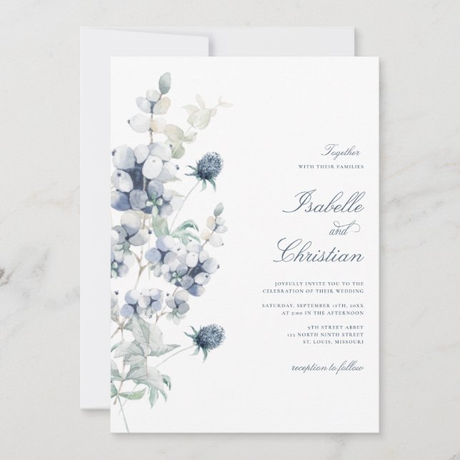 Convite para Casamento Floral de Dusty Blue (Frente)