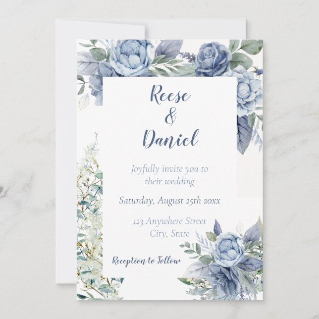 Convite para Casamento Floral de Dusty Blue (Frente)