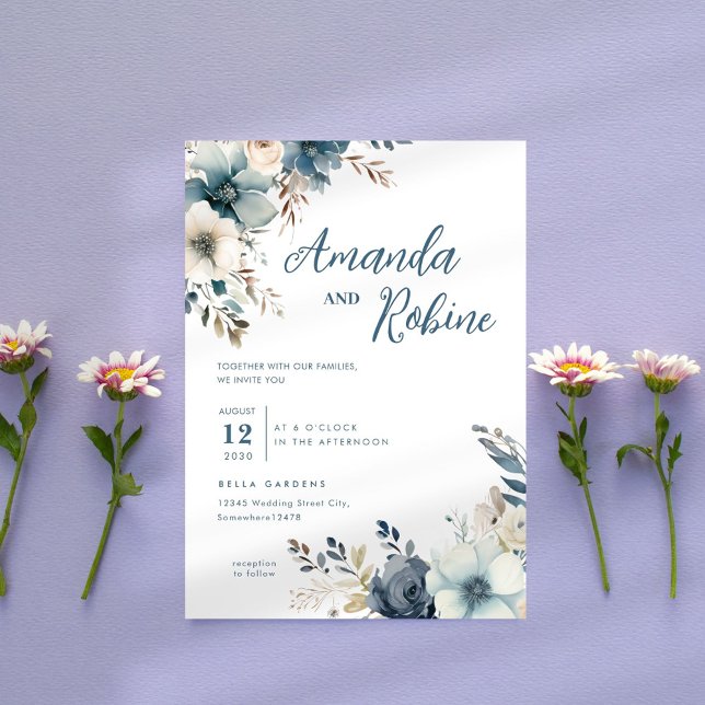 Convite para Casamento Floral de Dusty Blue (Criador carregado)