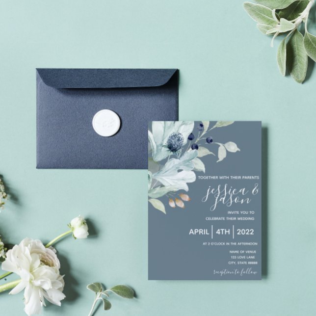 Convite para Casamento Floral de Dusty Blue (Criador carregado)