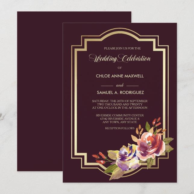 Convite para Casamento Floral de Frame Dourado Vio (Frente/Verso)