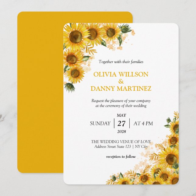 Convite Para Casamento Floral De Girassol (Frente/Verso)