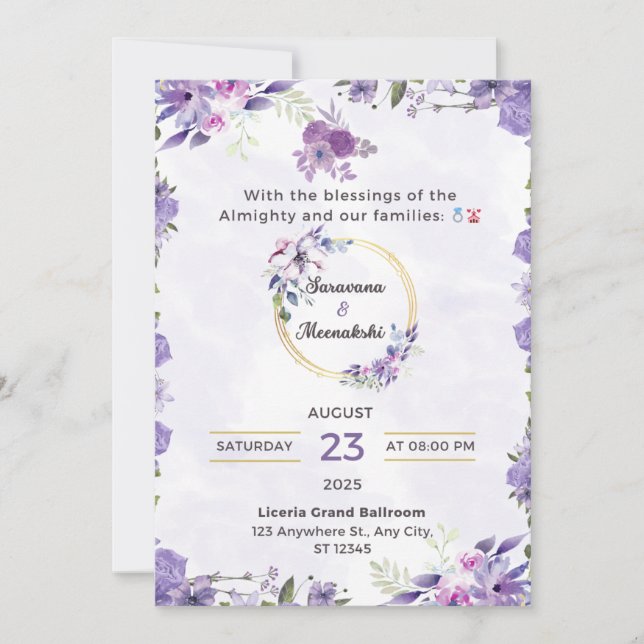 Convite para Casamento Floral de Lavanda Elegante (Frente)