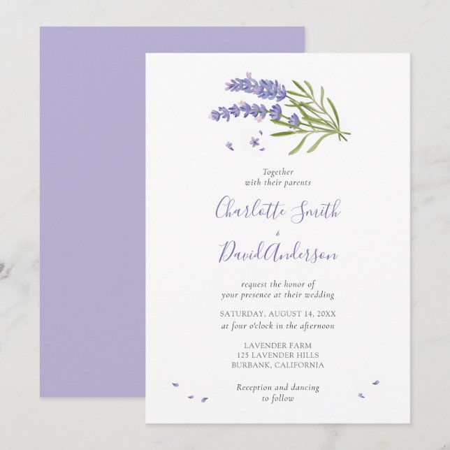 Convite para Casamento Floral de Lavanda Roxa (Frente/Verso)