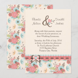 Convite para Casamento Floral de Marfim, Azul e Co
