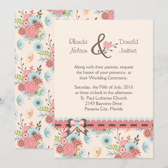 Convite para Casamento Floral de Marfim, Azul e Co (Frente/Verso)