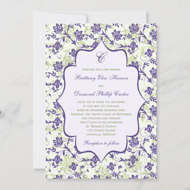 Convite para Casamento Floral de Marfim Verde Roxo (Frente)
