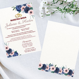 Convite para Casamento Floral de marinho Azul e Ro
