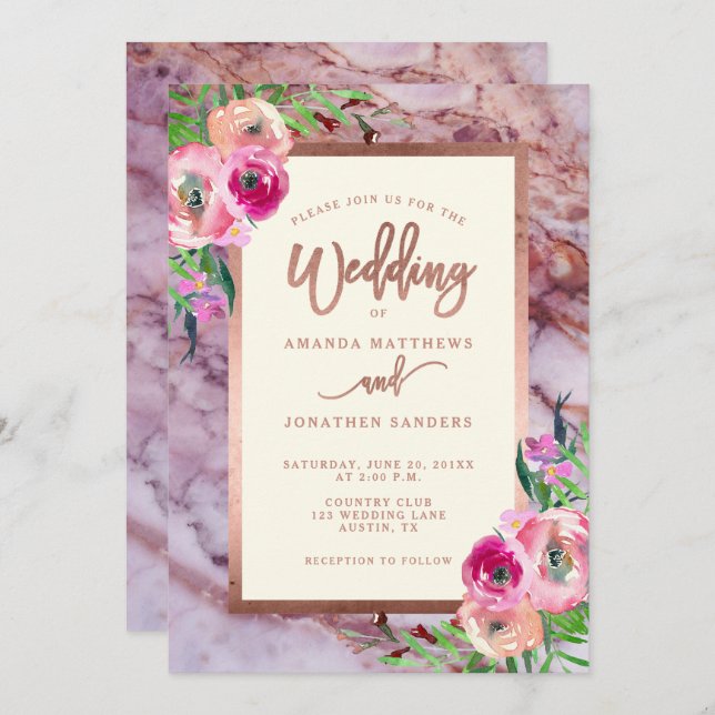 Convite para Casamento Floral de Mármore Rosa Dour (Frente/Verso)