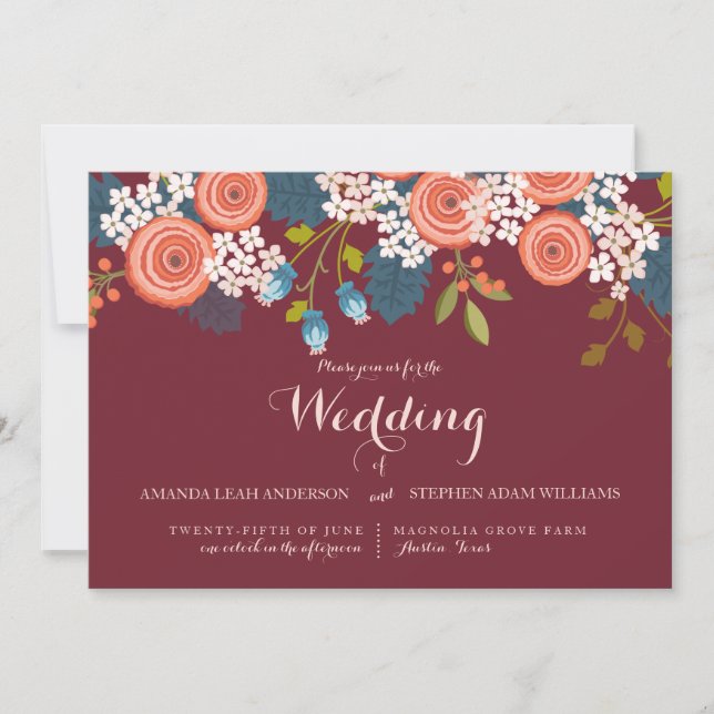 Convite Para Casamento Floral De Marsala, Jardim S (Frente)
