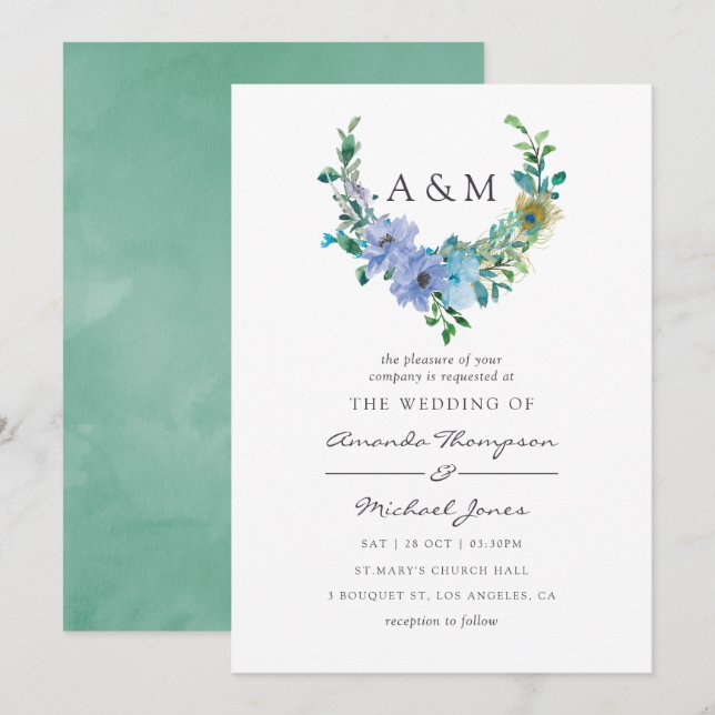 Convite para Casamento Floral de Mint e Blue Water (Frente/Verso)