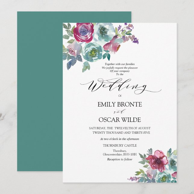 Convite para Casamento Floral de Mint e Mauve (Frente/Verso)
