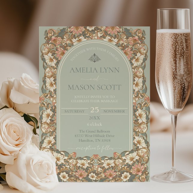 Convite para Casamento Floral de ornamentado (Ornate Floral Art Nouveau Wedding Invitation)