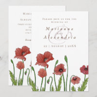Convite para casamento floral de papoila vermelha