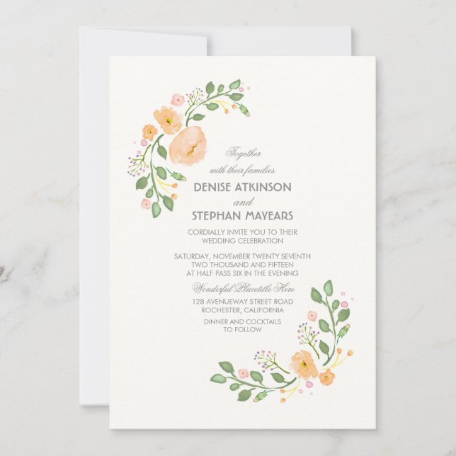 Convite para Casamento Floral de Peach (Frente)