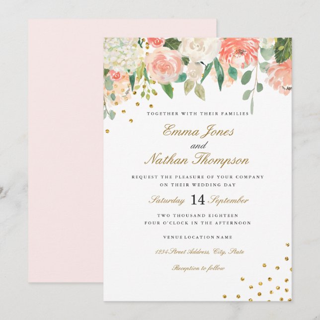 Convite para Casamento Floral de Peach Dourado Wat (Frente/Verso)