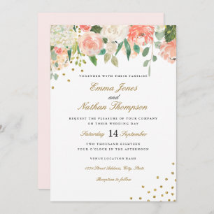 Convite para Casamento Floral de Peach Dourado Wat